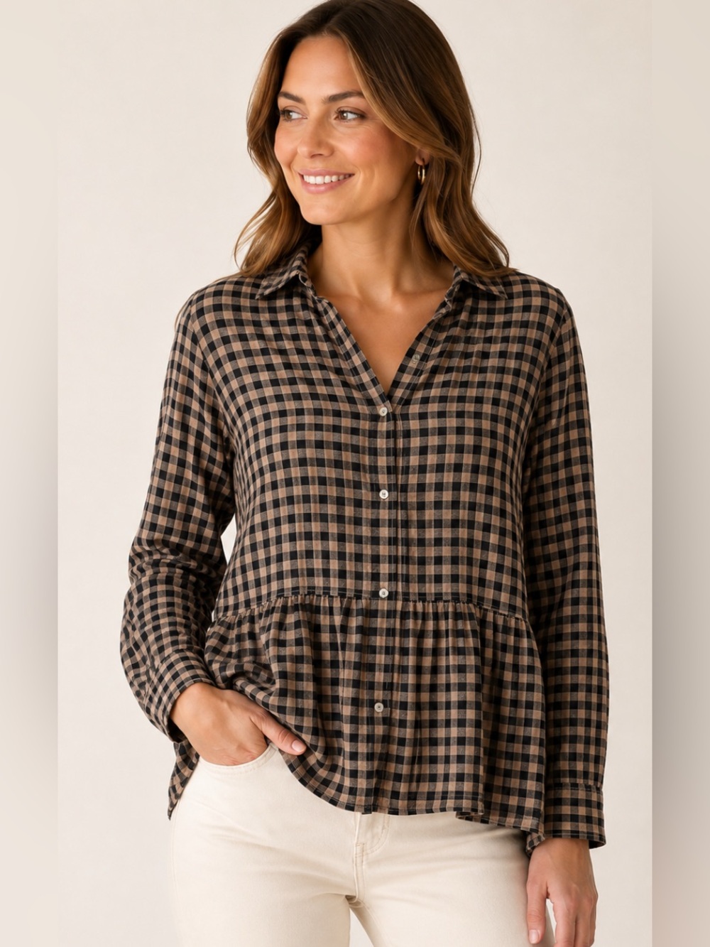 Elizabeth and James Cotton Gingham Button-Down Peplum Shirt | Large